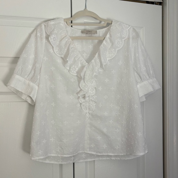 LOFT White Eyelet Ruffle Blouse - Picture 1 of 5